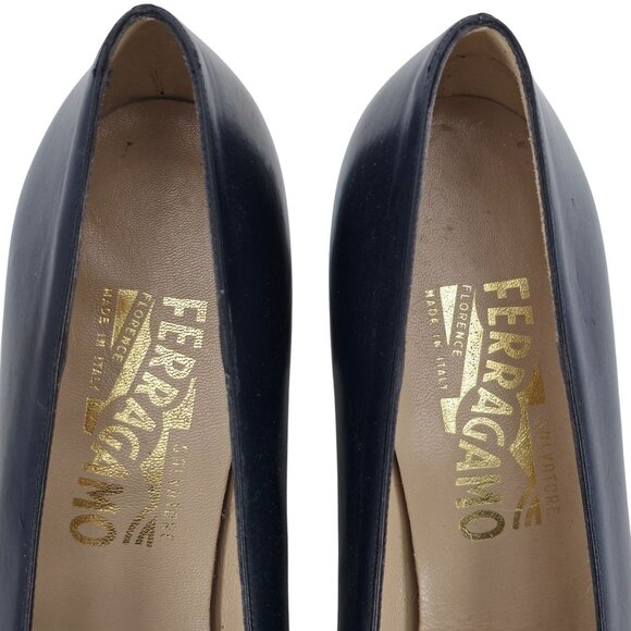 Vintage Salvatore Ferragamo Womens 9AA Navy Leather Reptile Embossed Dress Pumps - Picture 7 of 9